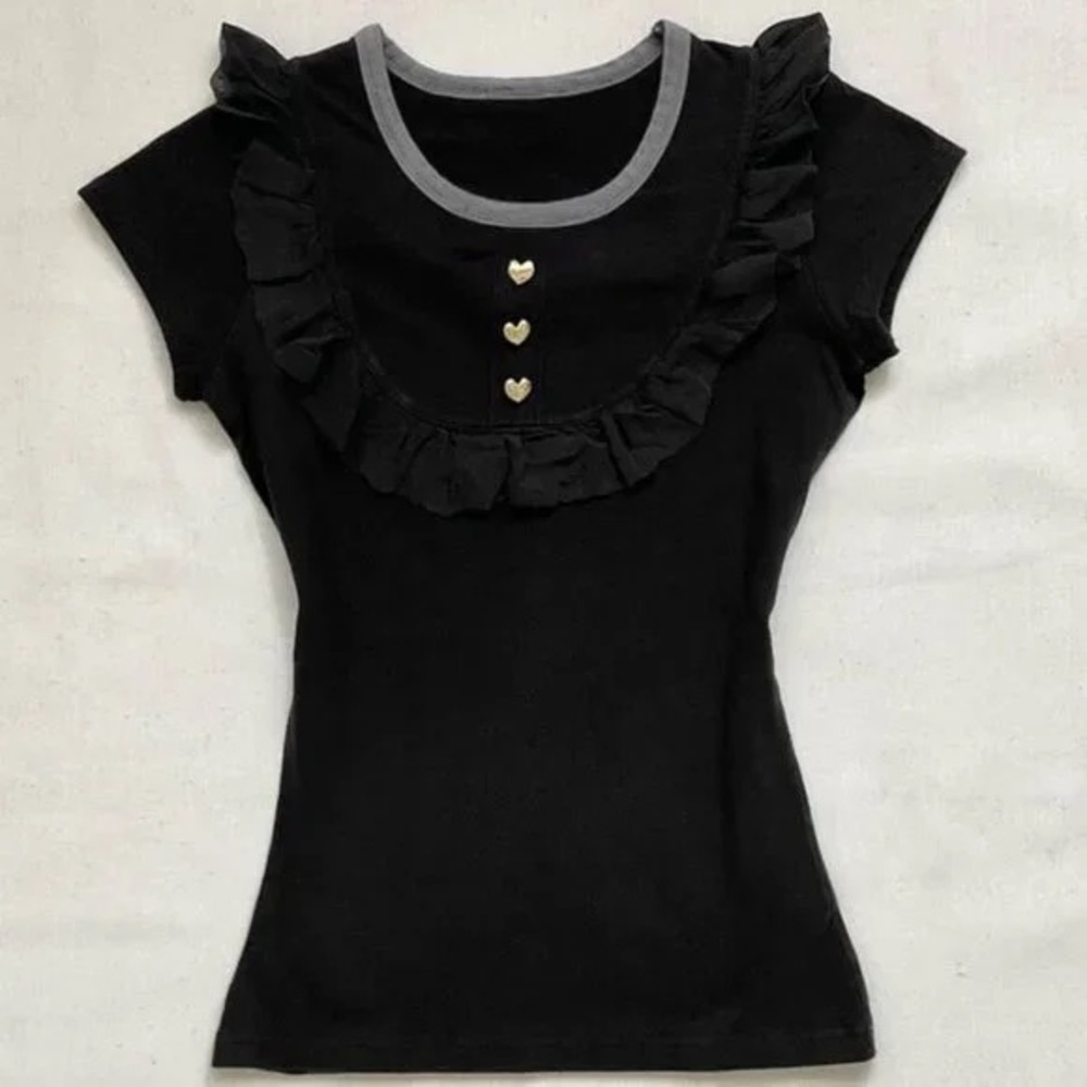 Black Short-Sleeve Ruffle Tee with Heart Buttons